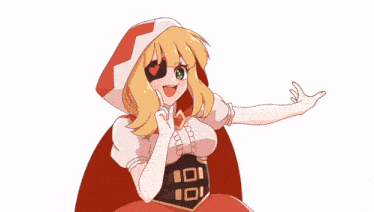 a girl in a red and white hooded cape