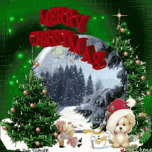 a merry christmas greeting card with a snow globe and trees