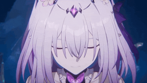 a close up of a girl with purple hair and a purple butterfly around her neck