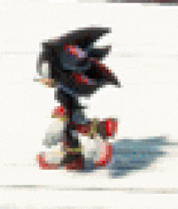 a pixelated image of shadow the hedgehog walking on a white background