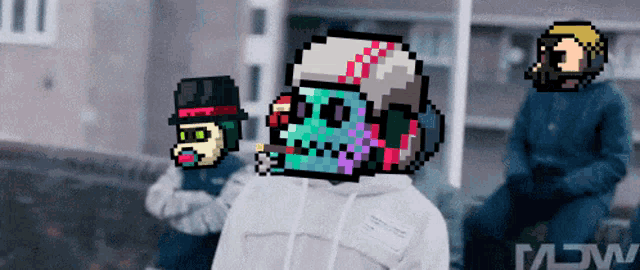 a pixel art of a man wearing a hoodie and a hat