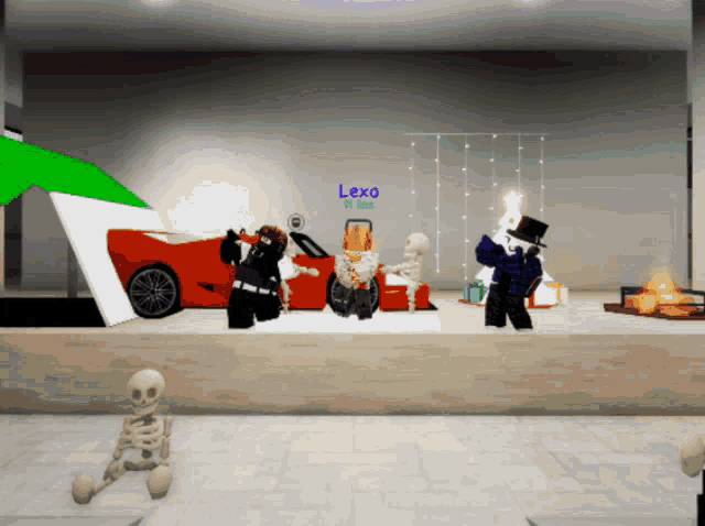 a group of skeletons are standing in front of a red car with lexa written on the wall behind them