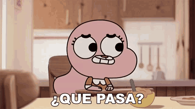 a cartoon character sitting at a table with a bowl of food and the words que pasa below her