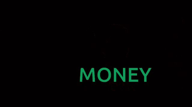 a young boy stands in front of a wall with pictures and the word money written in green