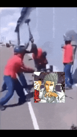 a man in a red shirt is holding a hammer next to a picture of a man in a suit and tie