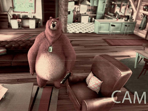 a bear holding a gun in a living room with the word cam on the bottom