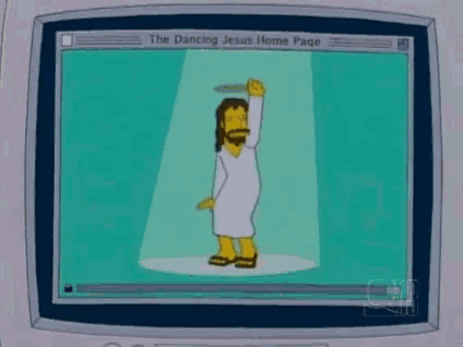 a cartoon of jesus is dancing on a computer screen .