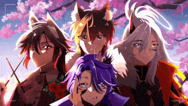 a group of anime characters are posing for a picture with cherry blossoms in the background .