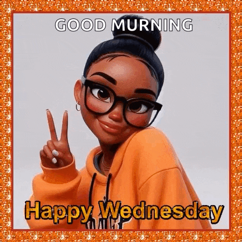 a cartoon girl wearing glasses and an orange hoodie is giving a peace sign on wednesday .