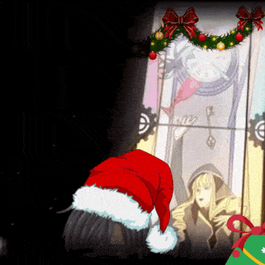 a person wearing a santa hat is standing in front of a clock