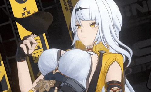 a girl with white hair is standing in front of a sign that says disaster aster