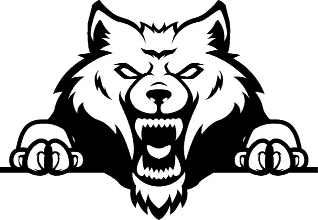 a black and white drawing of a wolf with its mouth open and claws out .