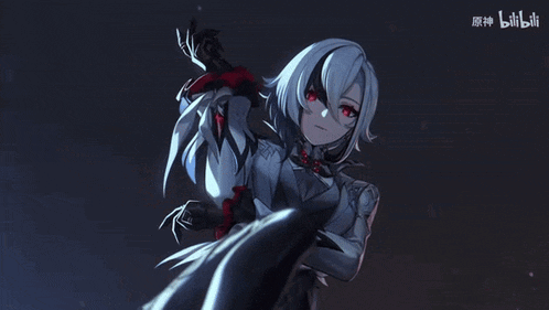 a girl with red eyes and white hair is holding a sword in her hand .