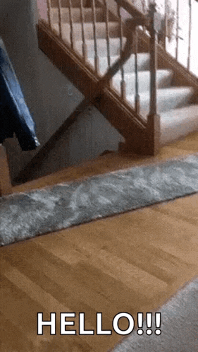 a staircase with a rug on the floor and the words hello written on the bottom