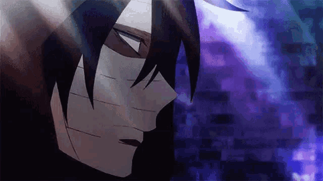 a close up of a person 's face with a purple background and a mask on .