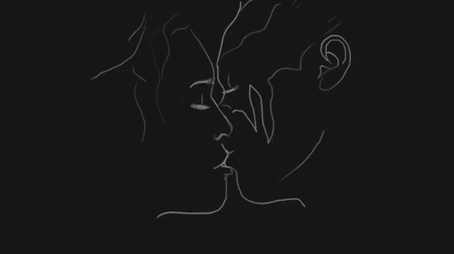 a drawing of a man and a woman kissing each other on a black background .