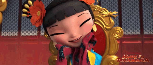 a cartoon girl with a flower in her hair is sitting in a chair with the words kungfu drama written on the bottom