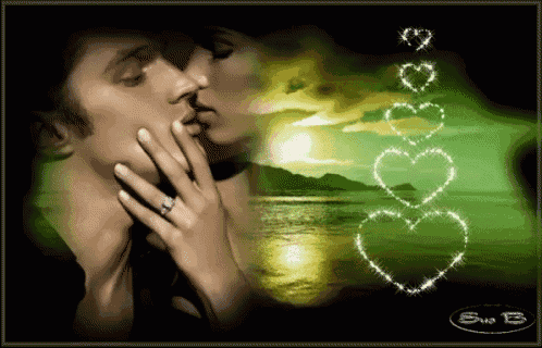 a picture of a man and a woman kissing with hearts on the bottom