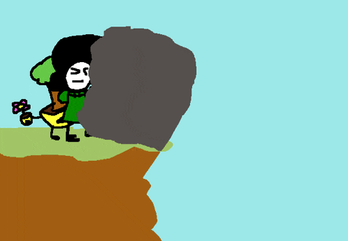 a cartoon drawing of a person standing on a cliff with a flower in their hand