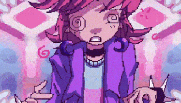 a pixel art drawing of a girl with pink hair and a purple jacket