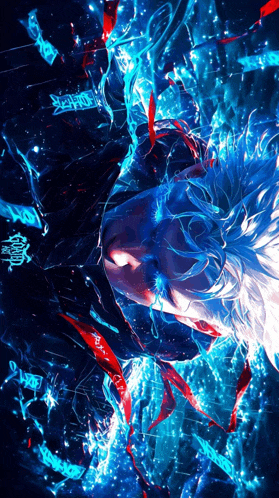 a painting of a person with blue hair and red ribbons in the water