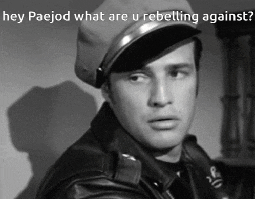 a man wearing a hat and a leather jacket says hey paejod what are u rebelling against ..