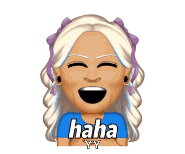 a woman with blonde hair is laughing with the words haha yy written below her