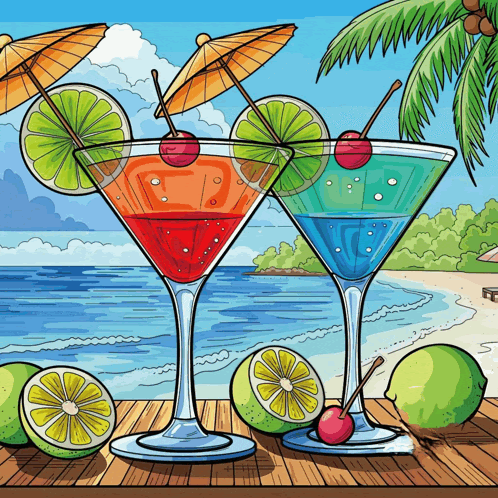 a cartoon drawing of two martini glasses with umbrellas on a beach