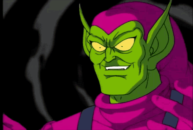 a green and purple cartoon character with yellow eyes and fangs