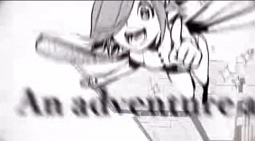 a black and white drawing of a girl with wings holding a bat and the words `` an adventure '' .