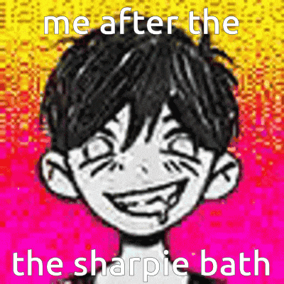 a cartoon of a boy with the words me after the sharpie bath on the bottom