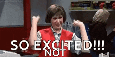 a woman in a red vest is holding her fists in the air and saying `` so excited !!! not '' .