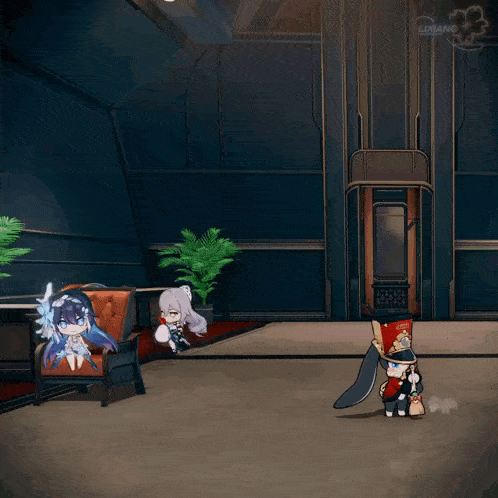 a cartoon character in a red hat is standing in a room