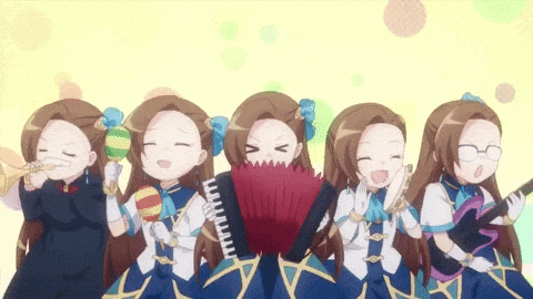 a group of anime girls are standing next to each other and playing musical instruments .