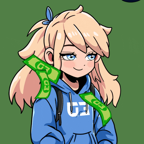 a girl wearing a blue hoodie with g3 on the front