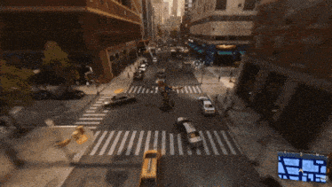 a screenshot of a video game shows a person flying over a crosswalk