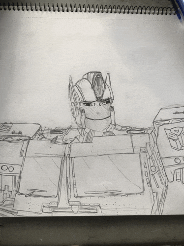 a black and white drawing of a robot with the letter t on it