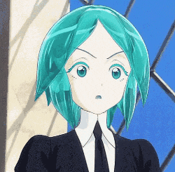 a close up of a cartoon character with turquoise hair and a black suit and tie .
