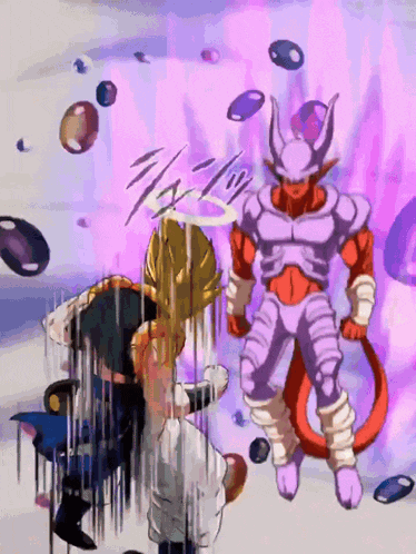 a purple and red cartoon character with a purple aura behind him