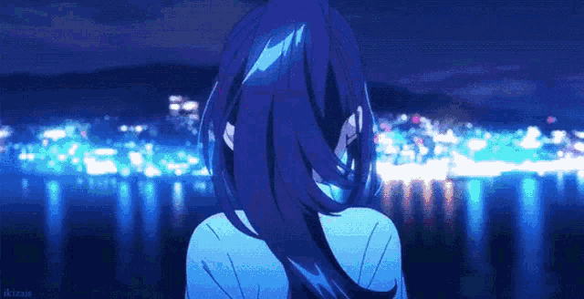 a girl with blue hair is standing in front of a body of water .