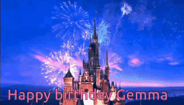 a picture of a castle with fireworks and the words happy birthday gemma below it