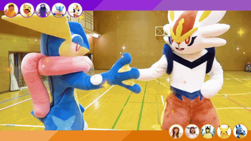 two pokemon mascots shake hands on a court