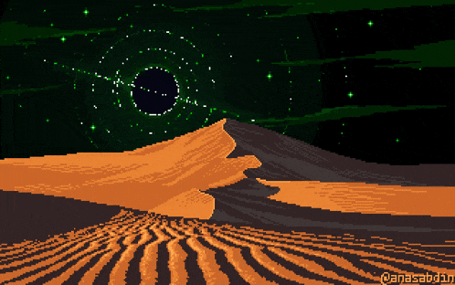a pixel art drawing of a black hole in space