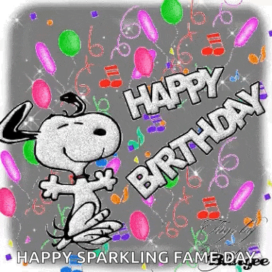 snoopy is dancing in front of balloons and confetti and says `` happy birthday '' .