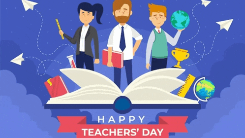 a happy teachers ' day greeting card with three people standing on an open book