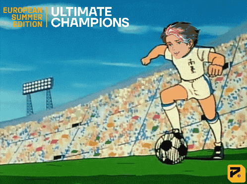 a cartoon of a boy kicking a soccer ball with the words european summer edition ultimate champions