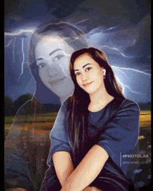 a photo of a woman with lightning behind her