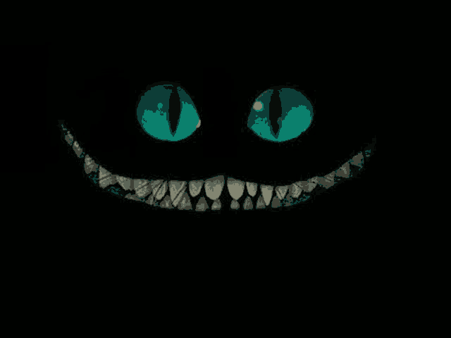 the cheshire cat from alice in wonderland is smiling in the dark with glowing eyes .
