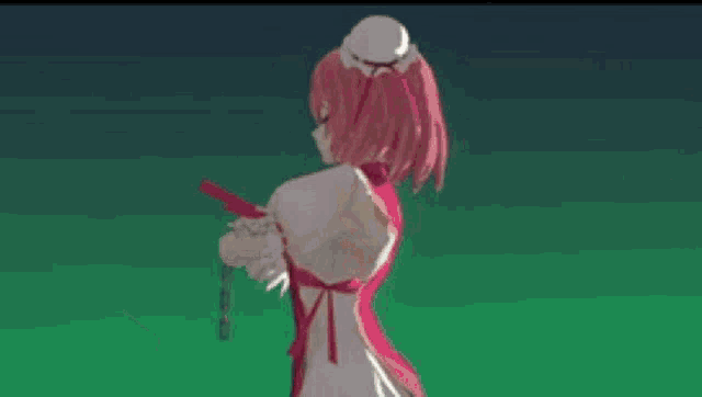 a girl with pink hair and a red dress is standing in a green room .