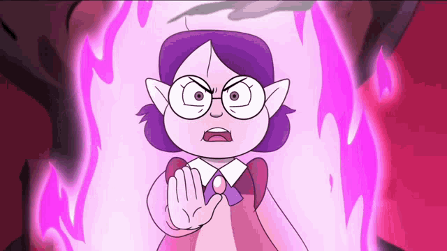 a cartoon character with glasses and purple hair is standing in front of a pink fire .